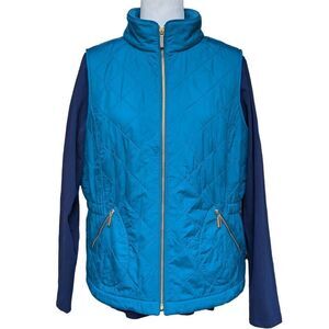 Talbots Teal Blue Quilted Vest Jacket Fleece Lined Full Zip Side Zip Pocket Sz L